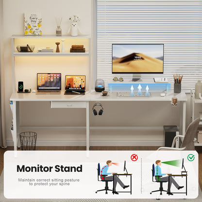 L Shaped Gaming Desk with LED & Power Outlets, Computer Desk with Monitor Stand