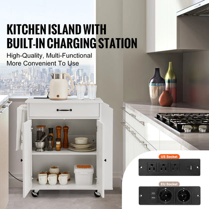 Kitchen Island Cart Rolling Storage Cabinet on Wheel with Charging Station