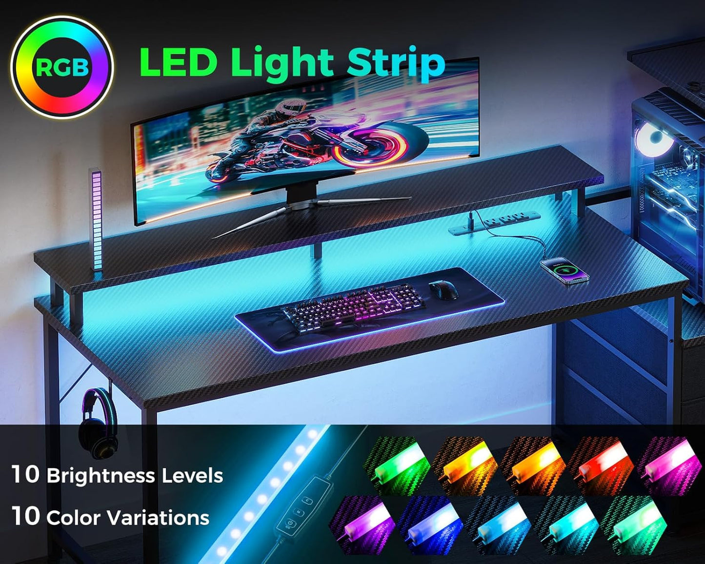 59 Inch Gaming Desk with USB Charging Ports & LED Light - Reversible Computer De