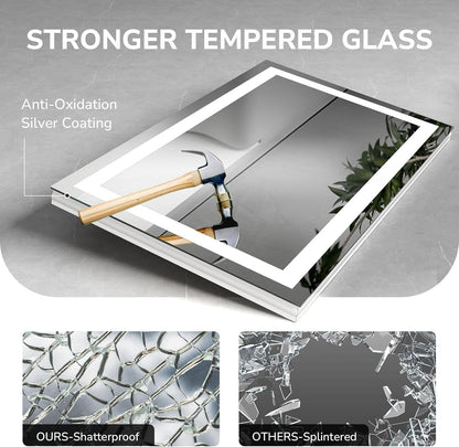 24x36in LED Bathroom Mirror Wall Vanity Mirror Dimmable Anti-fog Tempered Glass