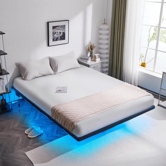 Floating Bed Frame Full with USB Charging Station/LED Lights 14'' Platform Bed