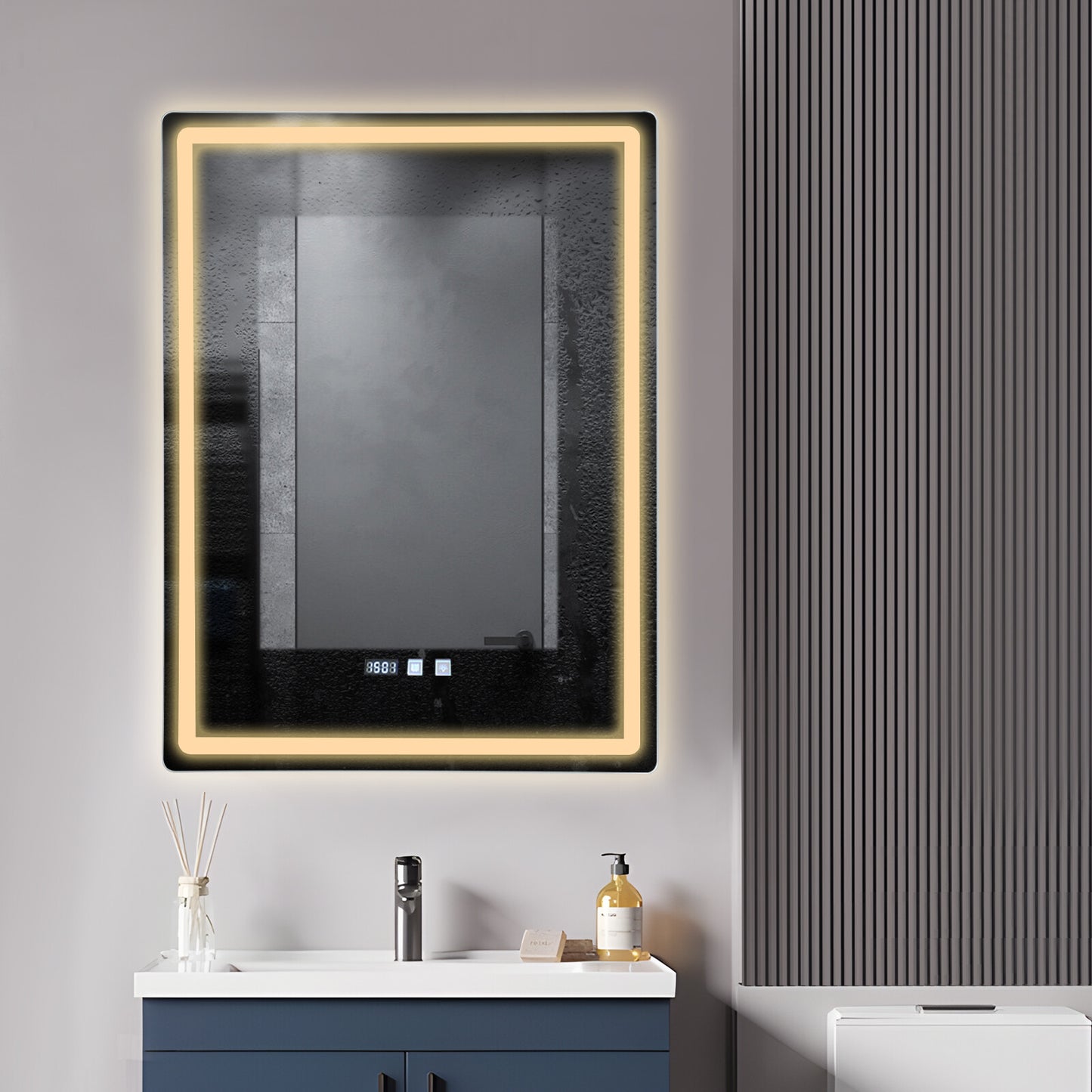 Dimmable LED Bathroom Mirror with Anti-Fog Function and Time Display 60×80 cm
