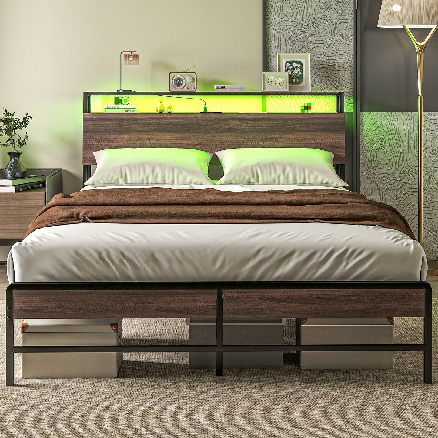 Queen Bed Frame with Headboard, LED Lights, Charging Station, Walnut