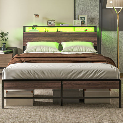 Queen Bed Frame with Headboard, LED Lights, Charging Station, Walnut