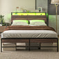 Queen Bed Frame with Headboard, LED Lights, Charging Station, Walnut