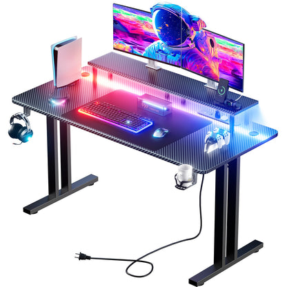 Gaming Desk with LED Lights & Power Outlets, Gamer Desk with Monitor Stand
