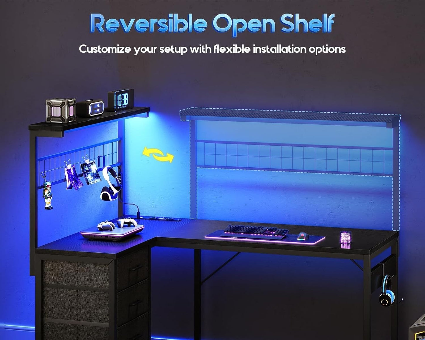 Office Table Reversible Computer Desk L Shaped Gaming Desk w/ Hook & LED Lights