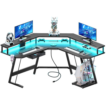 L-Shaped Gaming Desk Corner Table Computer Desk with RGB Light & Power Outlets
