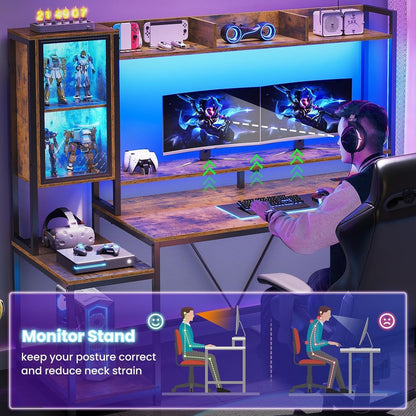 60'' Gaming Desk with Hutch and LED Lights, Computer Desk with Storage Shelves