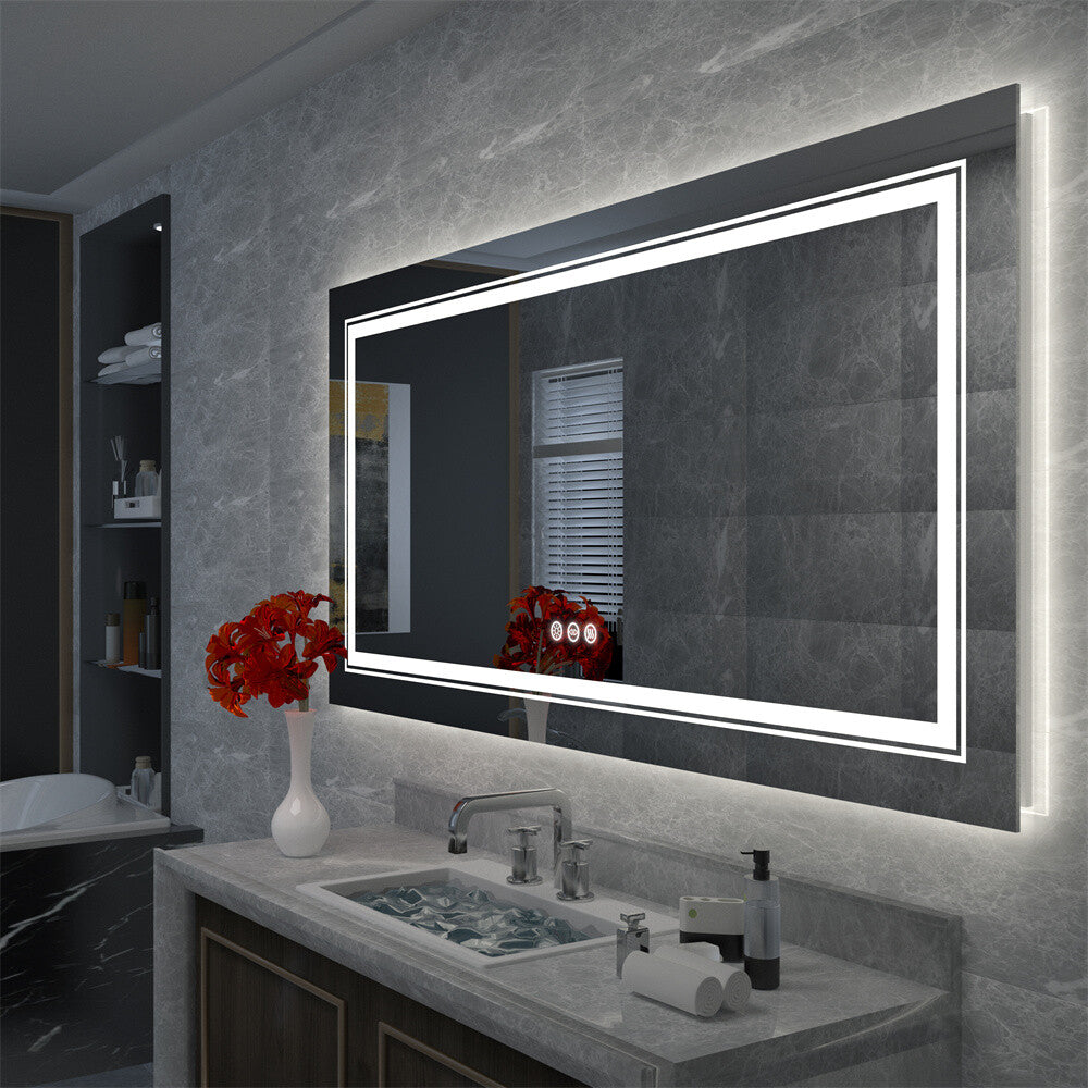 Bathroom Mirror with Front+Backlit Lights Dimmable Wall Vanity Mirrors Anti-Fog