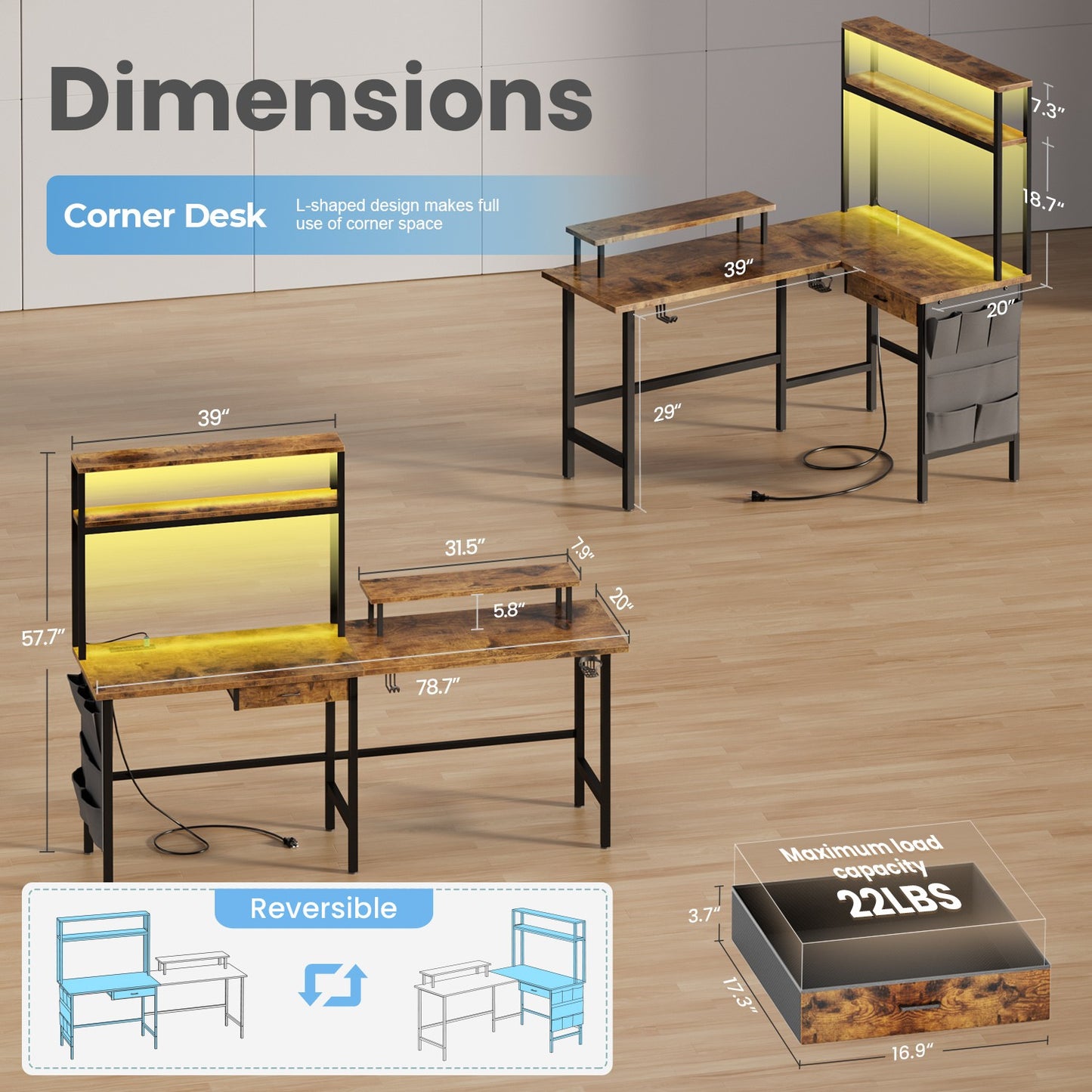 L Shaped Gaming Desk with LED & Power Outlets, Computer Desk with Monitor Stand