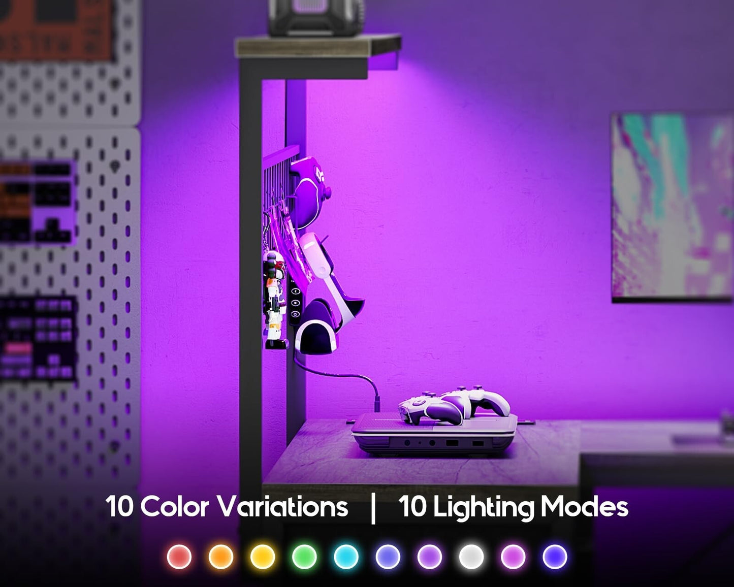 Office Table Reversible Computer Desk L Shaped Gaming Desk w/ Hook & LED Lights