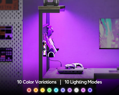 Office Table Reversible Computer Desk L Shaped Gaming Desk w/ Hook & LED Lights