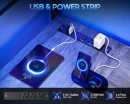 Office Table Reversible Computer Desk L Shaped Gaming Desk w/ Hook & LED Lights