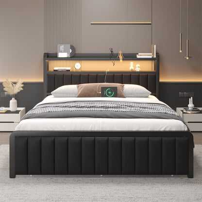 Full Queen Size Metal Platform Bed Frame with 2-Tier Storage Headboard＆Drawers
