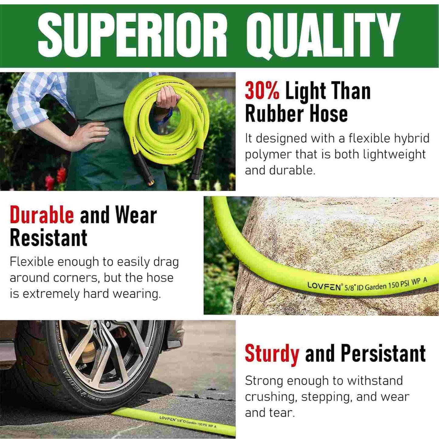 25/50/75/100/150FT Premium 5/8' Rubber Garden Hose - Heavy Duty Male to Female