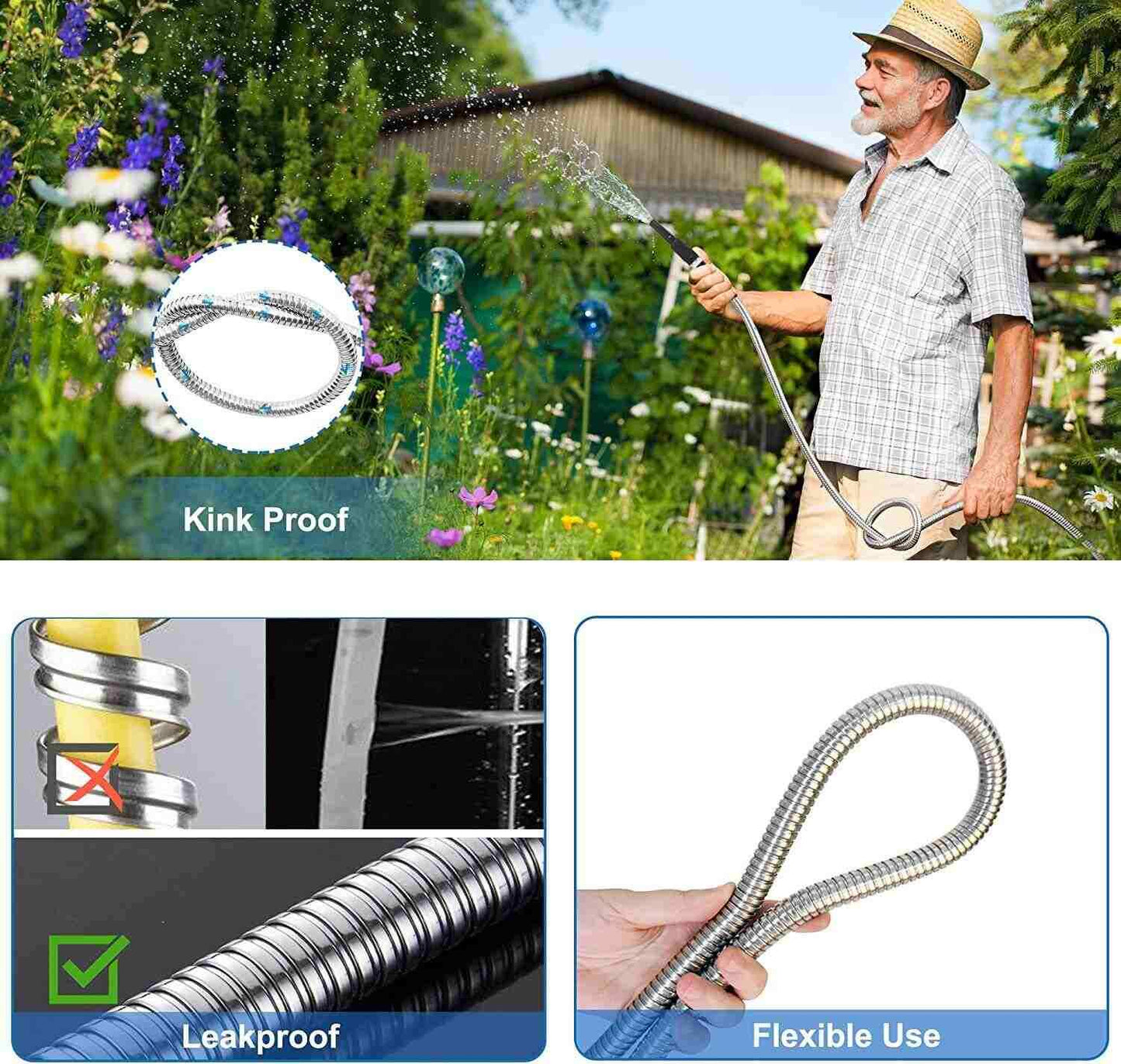 25/50/75/100/150FT Stainless Steel Flexible Garden Water Hose 2X Spray Nozzle