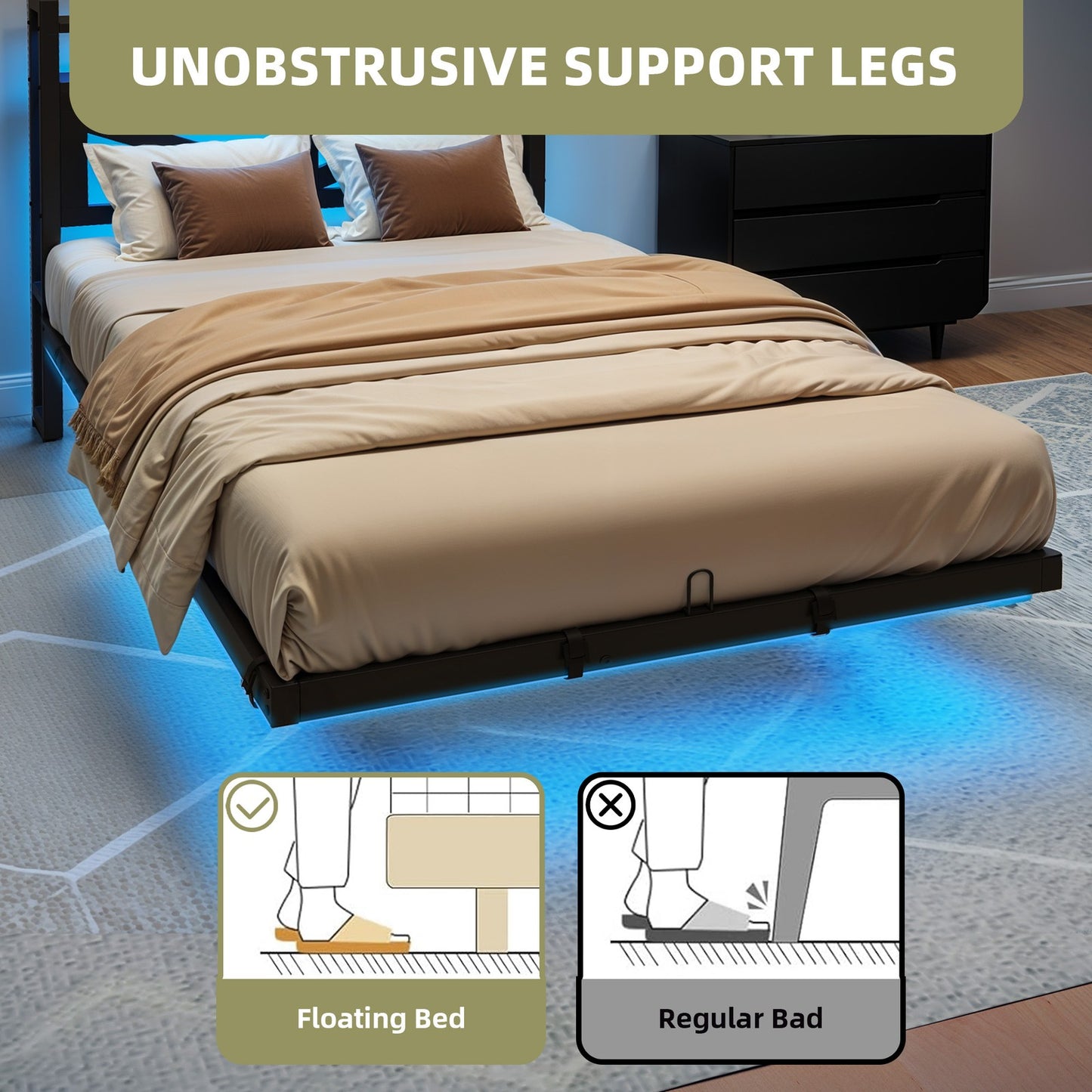 Twin Size Floating Bedroom Bed Frame with USB Charging Port & LED Lights Metal