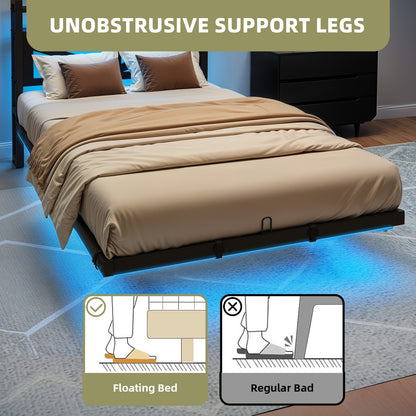 Twin Size Floating Bedroom Bed Frame with USB Charging Port & LED Lights Metal