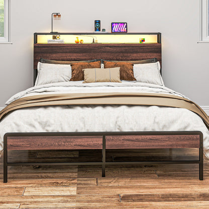 Queen Bed Frame with Headboard, LED Lights, Charging Station, Walnut