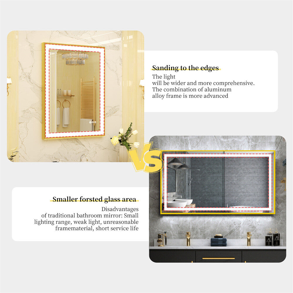 LED Mirror Bathroom Wall Mirrors w/ Lights Gold Frame Dimmable 3 Colors Anti-fog