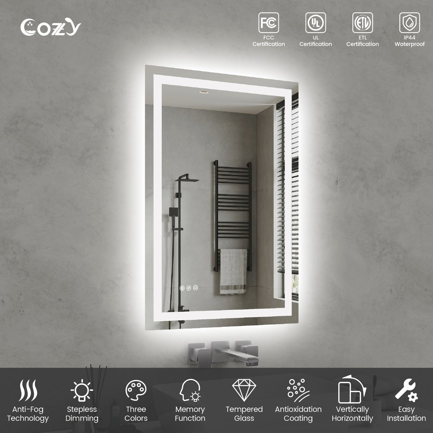 24x36'' LED Bathroom Mirror Wall Vanity Mirror Dimmable Anti-fog Tempered Glass