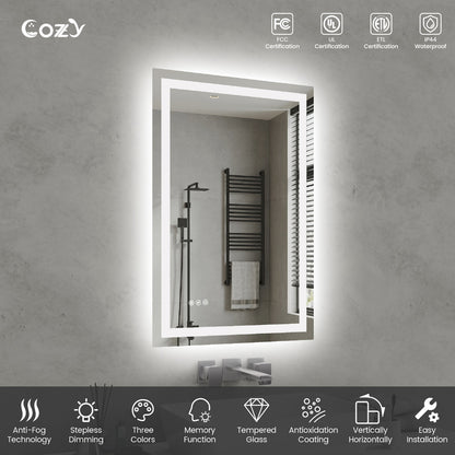 24x36'' LED Bathroom Mirror Wall Vanity Mirror Dimmable Anti-fog Tempered Glass