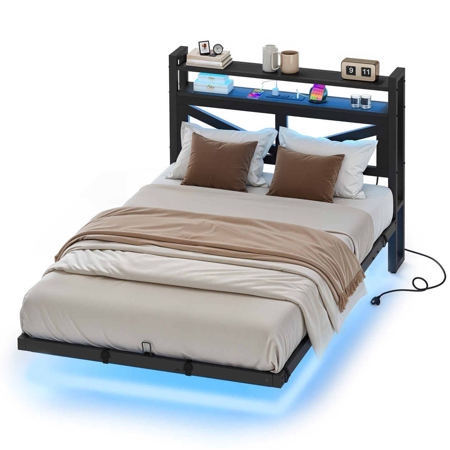Twin Size Floating Bedroom Bed Frame with USB Charging Port & LED Lights Metal