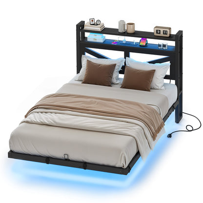 Twin Size Floating Bedroom Bed Frame with USB Charging Port & LED Lights Metal