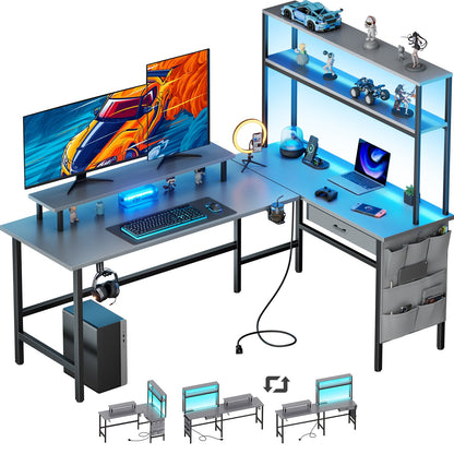 L Shaped Gaming Desk with LED & Power Outlets, Computer Desk with Monitor Stand