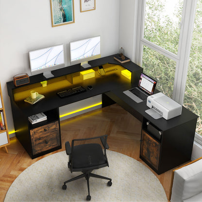 60" Lift Top L Shaped Desk with Power Outlets & LED Lights Corner Computer Desk