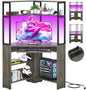 Triangle Corner Computer Desk with Keyboard Tray & Hutch & LED Lights & Outlets