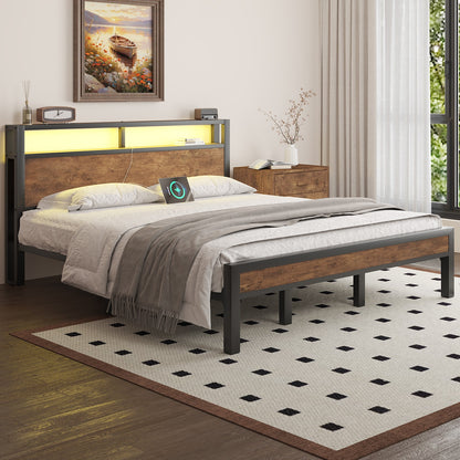 LED Light Bed Frame with 2-Tier Storage Headboard and Charging Station/Grey