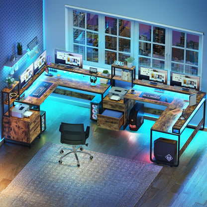 87" L Shaped Desk with File Drawer Reversible Computer Desk with Power Outlets