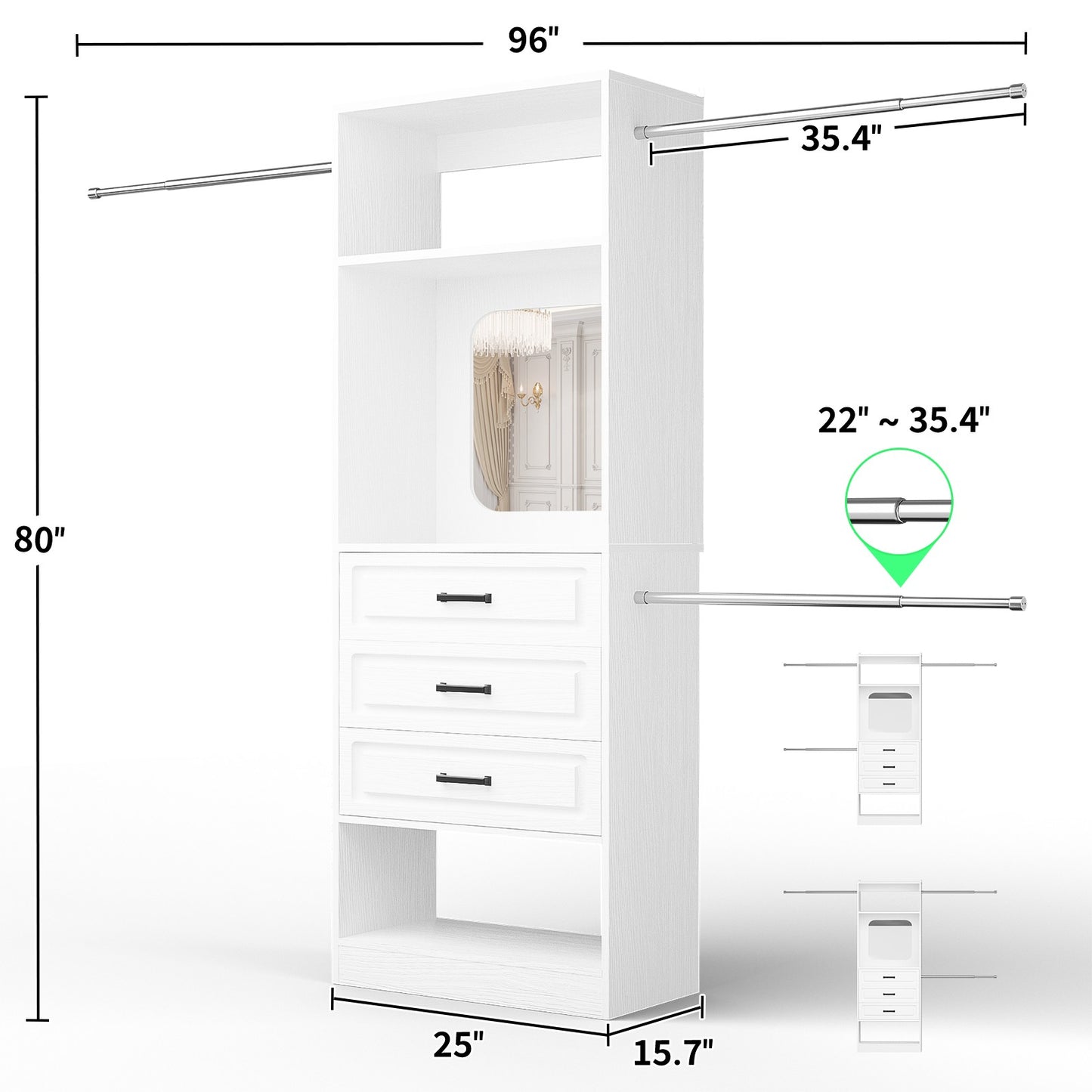 48''-96'' Walk-in Closet Organizer System with Mirror ＆ Drawers ＆ 3 Hanging Rods