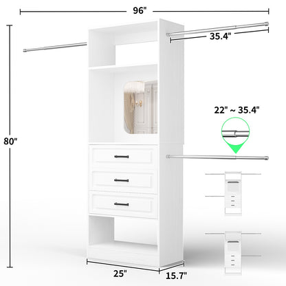 48''-96'' Walk-in Closet Organizer System with Mirror ＆ Drawers ＆ 3 Hanging Rods