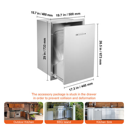 20"X29" Pull Out Trash Drawer Outdoor Kitchen BBQ Island Drawer w/ Bag Ring