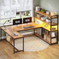 L Shaped Computer Desk, 63" Reversible Office Desk w/Storage Shelves &LED Lights