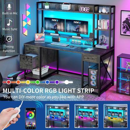 59" LED Computer Desk with Power Outlets Gaming Desk Home Office Desk with Hutch