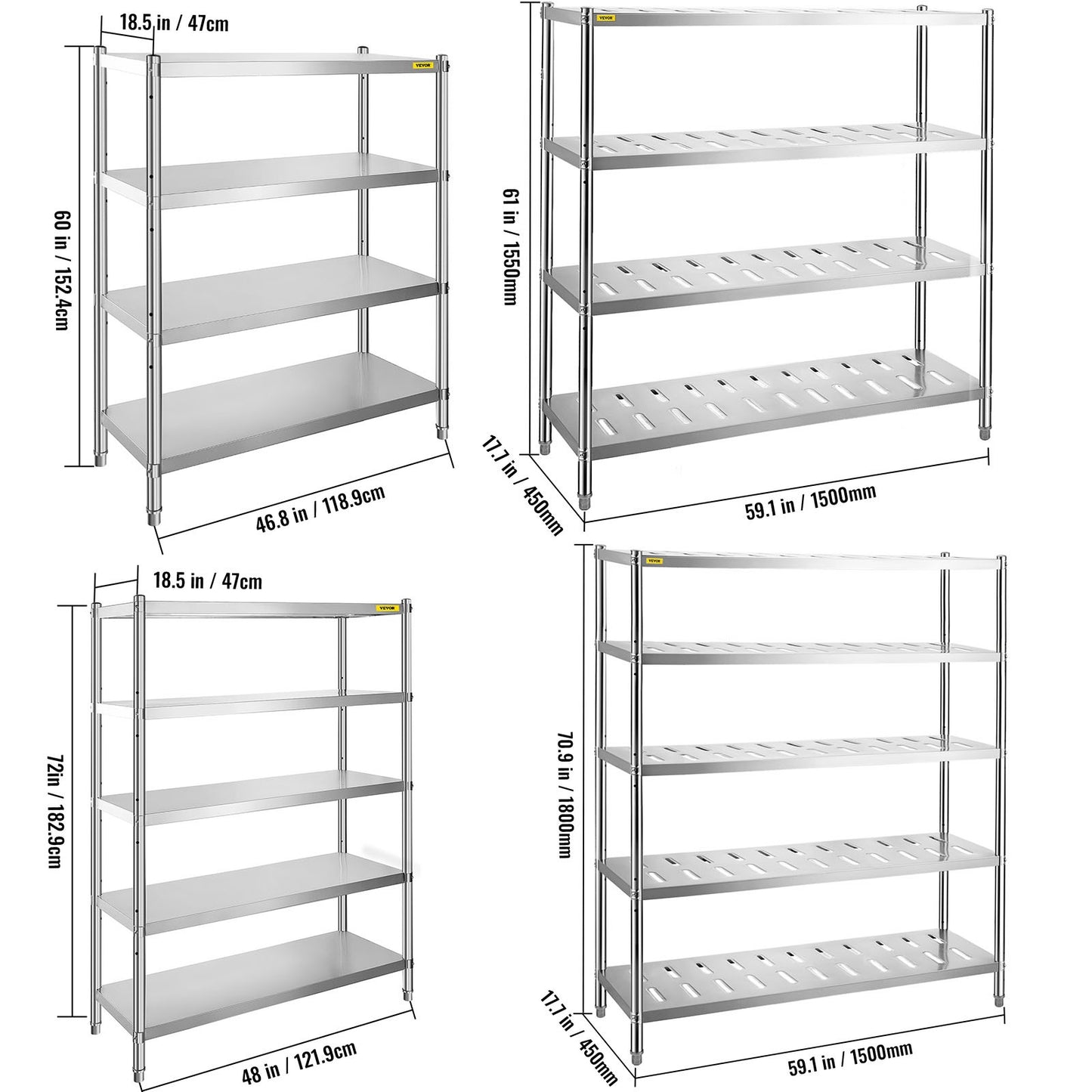 VEVOR Stainless Steel Shelving Heavy Duty Kitchen Shelf 4/5Tier Solid/Perforated