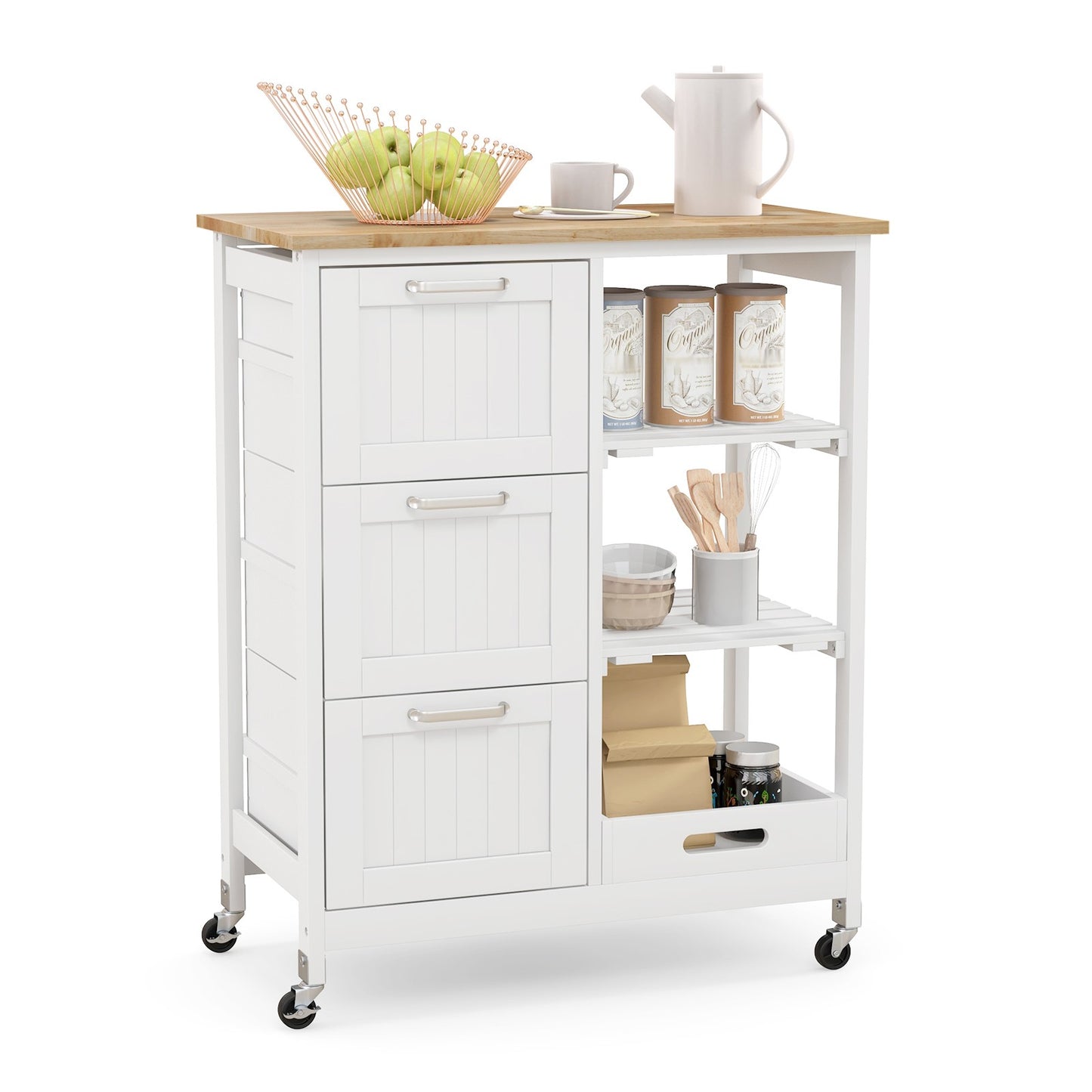Kitchen Island Cart Mobile Storage Organizer w/ 3 Large Drawers 2 Open Shelves
