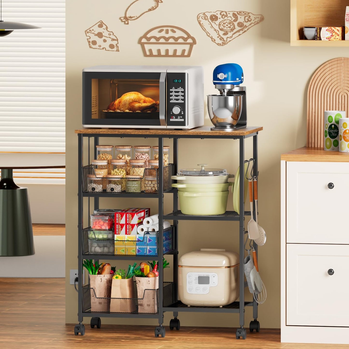 Rolling Kitchen Storage Microwave Cart, Kitchen Island with Adjustable Shelf ...