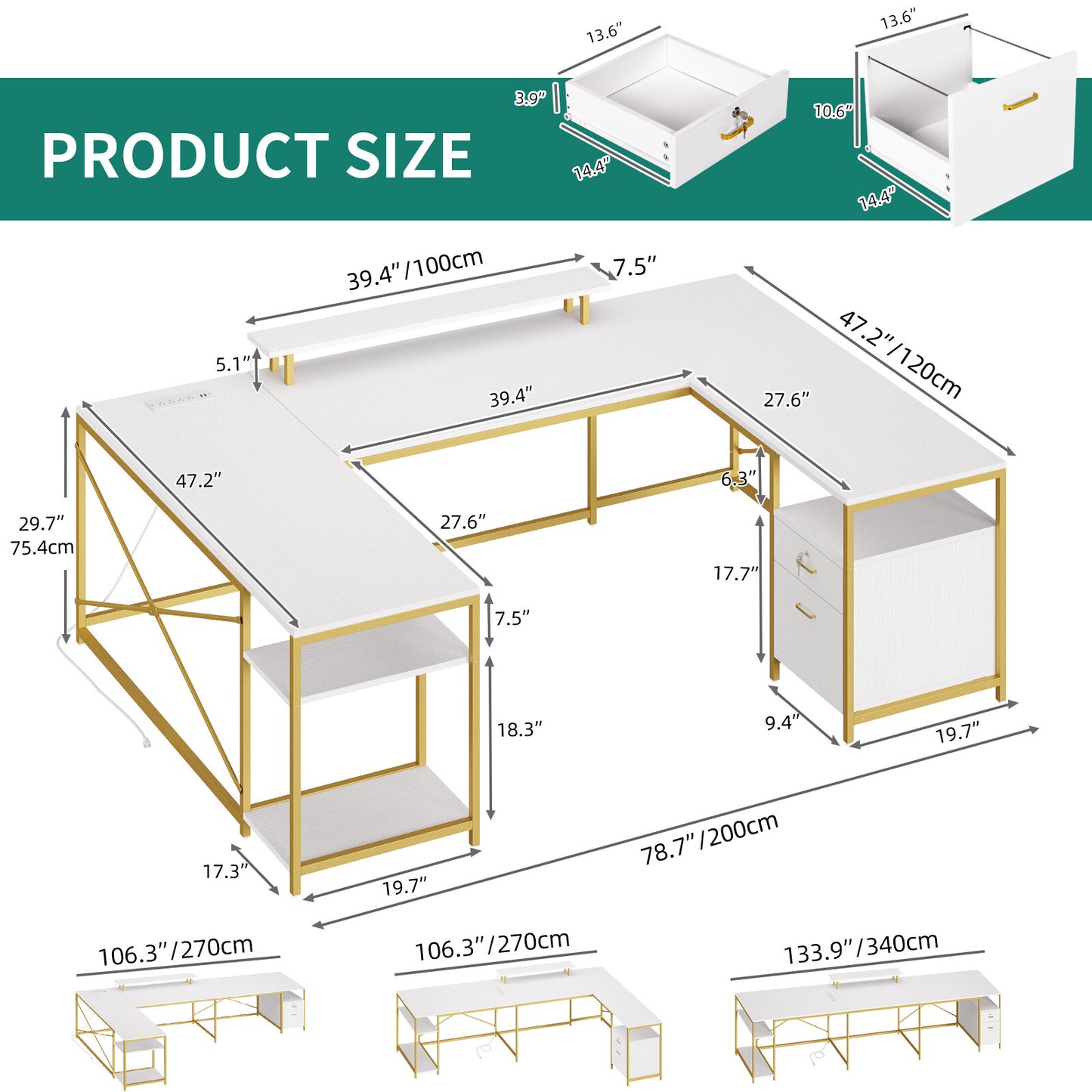 79 inch U Shaped Desk with Power Outlets & LED Lights Reversible Computer Desk
