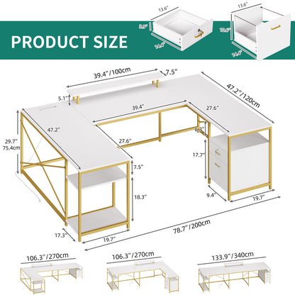79 inch U Shaped Desk with Power Outlets & LED Lights Reversible Computer Desk