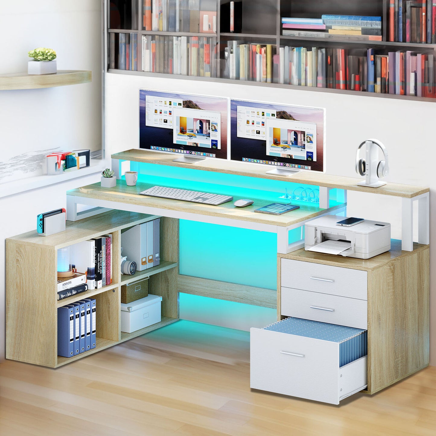 65 in L Shaped Computer Desk with File Drawer Desk w/ Power Outlets & LED Lights