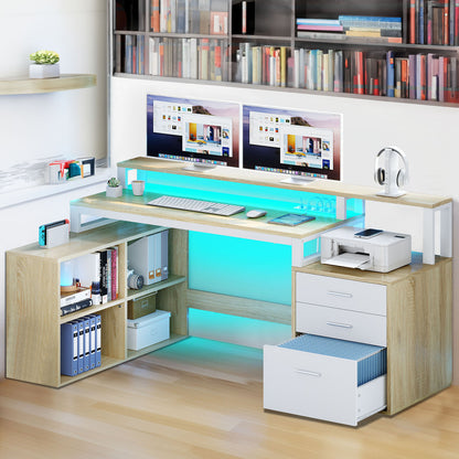 65 in L Shaped Computer Desk with File Drawer Desk w/ Power Outlets & LED Lights