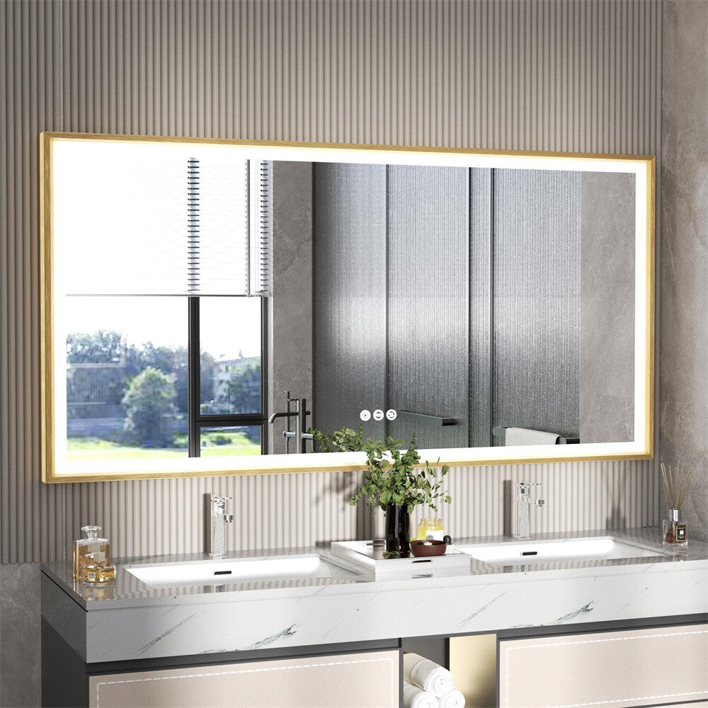 LED Mirror Bathroom Wall Mirrors w/ Lights Gold Frame Dimmable 3 Colors Anti-fog