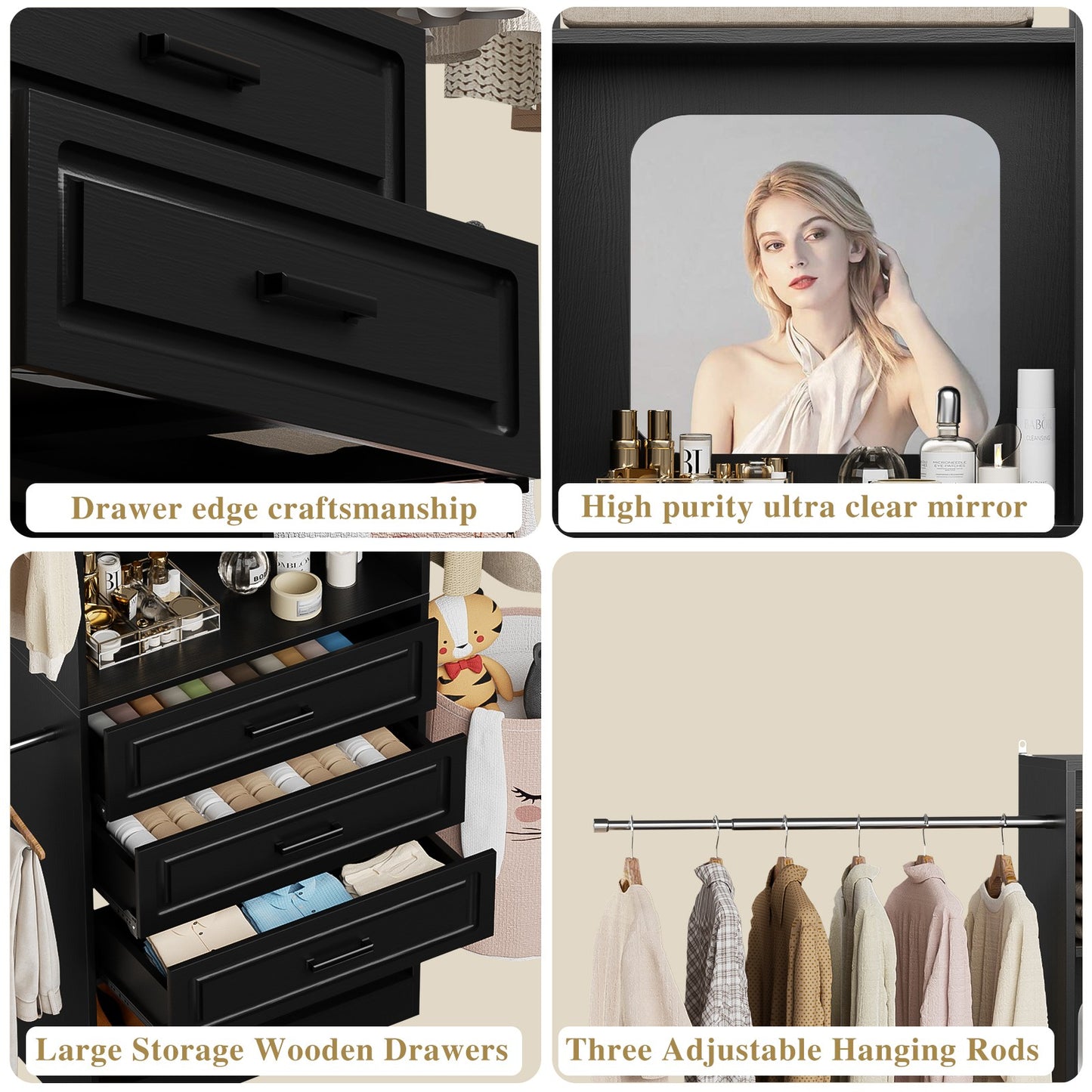 48''-96'' Walk-in Closet Organizer System with Mirror ＆ Drawers ＆ 3 Hanging Rods