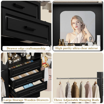 48''-96'' Walk-in Closet Organizer System with Mirror ＆ Drawers ＆ 3 Hanging Rods