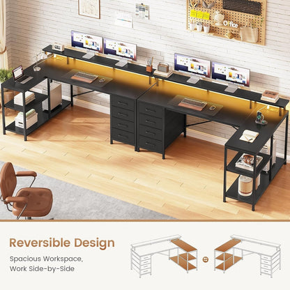 L Shaped Desk with 4 Drawers &Storage Shelves, Corner Computer Desk w/LED Lights